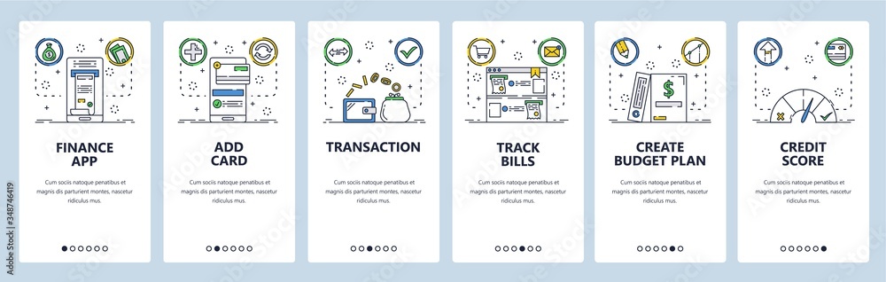 Aufkleber finance transaction website and mobile app onboarding screens vector template
