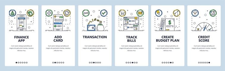 Finance transaction website and mobile app onboarding screens vector template