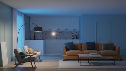 Modern bedroom interior with blue walls and a yellow sofa. Neo Memphis style interior. Night. Evening lighting. 3D rendering.