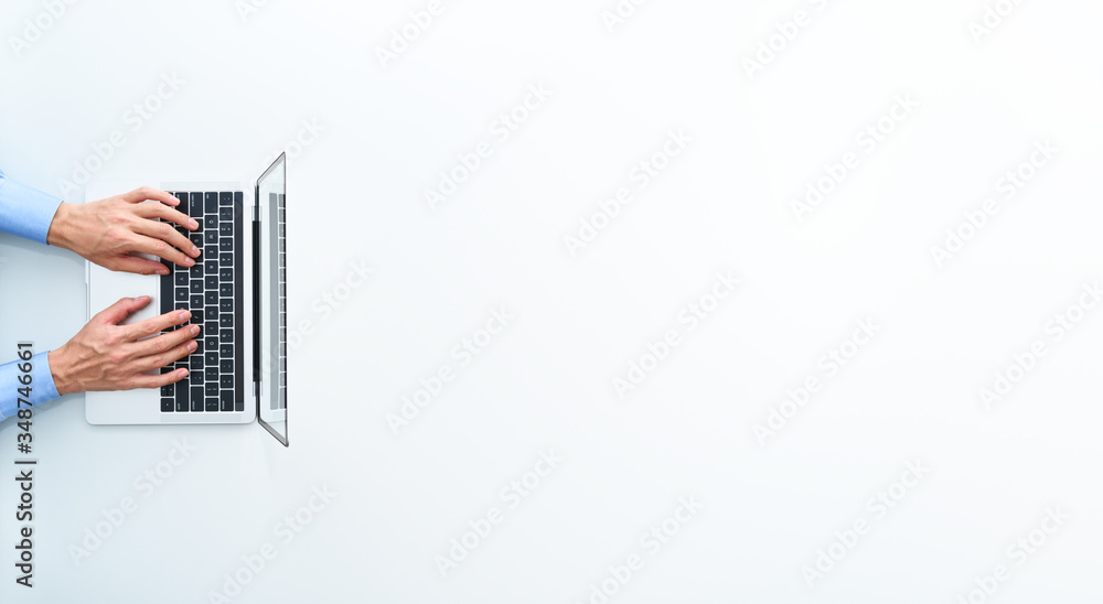 Poster top view of laptop with blank display. businessman using laptop. white background.