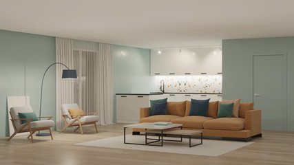 Modern bedroom interior with blue walls and a yellow sofa. Neo Memphis style interior. Night. Evening lighting. 3D rendering.