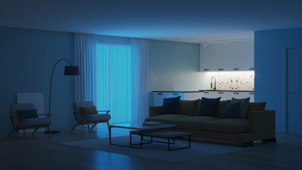Modern bedroom interior with blue walls and a yellow sofa. Neo Memphis style interior. Night. Evening lighting. 3D rendering.