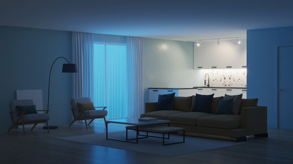 Modern bedroom interior with blue walls and a yellow sofa. Neo Memphis style interior. Night. Evening lighting. 3D rendering.