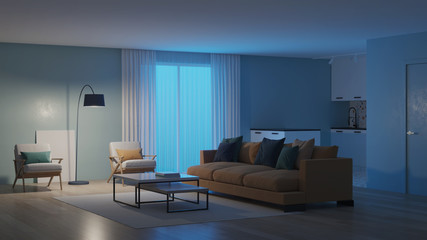 Modern bedroom interior with blue walls and a yellow sofa. Neo Memphis style interior. Night. Evening lighting. 3D rendering.