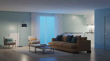 Modern bedroom interior with blue walls and a yellow sofa. Neo Memphis style interior. Night. Evening lighting. 3D rendering.