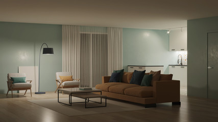 Modern bedroom interior with blue walls and a yellow sofa. Neo Memphis style interior. Night. Evening lighting. 3D rendering.