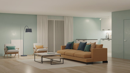 Modern bedroom interior with blue walls and a yellow sofa. Neo Memphis style interior. Night. Evening lighting. 3D rendering.