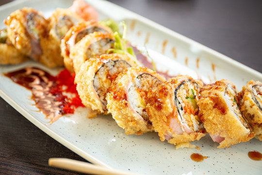 KING maki hot sushi with pork bacon, Japanese