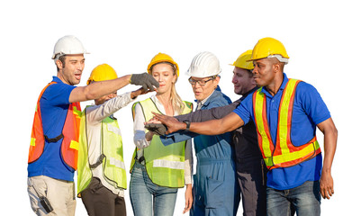 Success and Happiness Teamwork Concept, Business people group with clipping path, engineer and worker team joining hands on white background