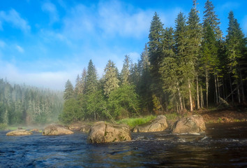 Foggy morning on the mountain river. Untouched wilderness of the Ussuri taiga. Zeva river. National park Bikin. Primorsky Krai, far East, Russia.