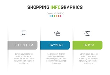 Concept of shopping process with 3 successive steps. Three colorful graphic elements. Timeline design for brochure, presentation, web site. Infographic design layout.