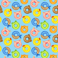 Bright, sweet animal donuts seamless pattern. Children's illustration of a watercolor rubber ring for swimming on a blue background.