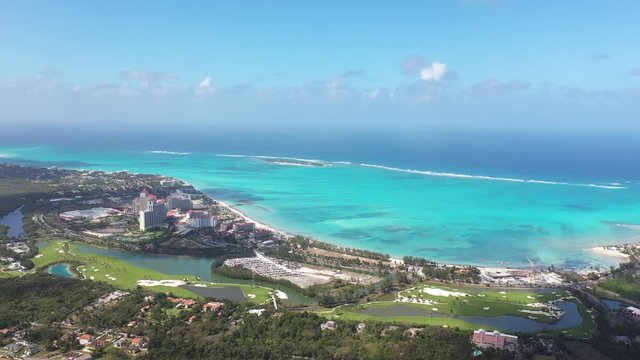 Exotic Paradise of Bahamas. Drone Aerial View of Nassau Beachfront, Tropical Lagoon and Turquoise Ocean Water