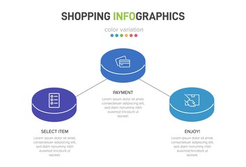 Concept of shopping process with 3 successive steps. Three colorful graphic elements. Timeline design for brochure, presentation, web site. Infographic design layout.