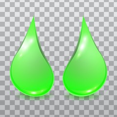Vector set of fluid green drops isolated on checkered background. Falling droplet suitable for ecological template. 3D illustration.