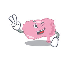 Happy brain cartoon design concept show two fingers