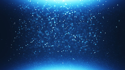 Blue particles shining stars dust bokeh glitter awards dust abstract background. Futuristic glittering in space on black background.