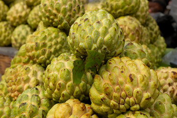 Custard apple fruits, Annona reticulata, are on display for sale at New Market area, Kolkata, West Bengal, India.