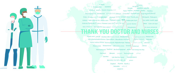 Thank you to doctors and nurses working in hospitals and fighting with coronavirus, Vector. Thank you to doctors and medical staff.
Thank you from many languages.