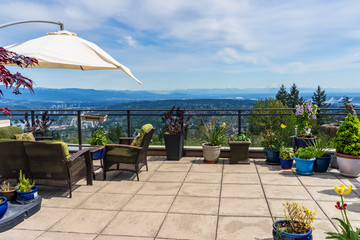 stunning view from coffee table and chairs in patio garden