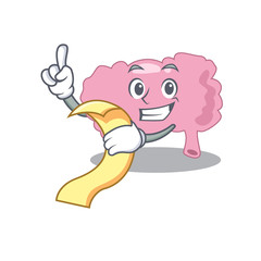 Brain mascot character style with a menu on his hand