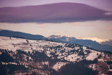 mountains with pine forests at the end of winter