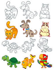 Fototapeta premium Set of illustrations with Pets, bright animales and contours isolated on a white background