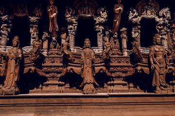 Thailand, Pattaya December 2019 Fragment of the Temple of truth in Pattaya. A huge wooden temple with carved decorations. Buddhist temple. Religious building in Pattaya Tourist attraction of Thailand