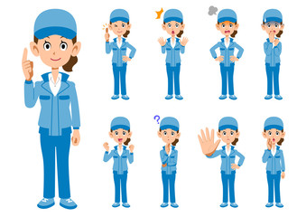 作業着の女性の9種類の表情

