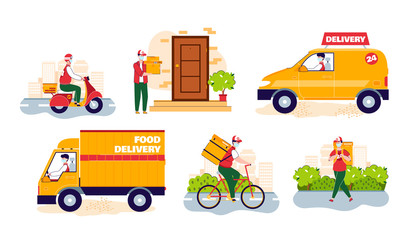 Naklejka premium Courier people wearing medical mask and gloves for contactless delivery