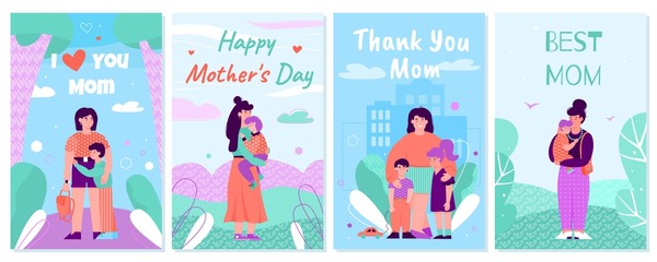 Happy Mother Day greeting card set with cartoon woman holding children