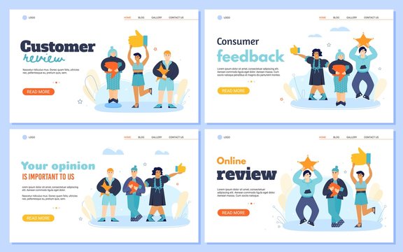 Web banners for customers feedback review page flat cartoon vector illustration.