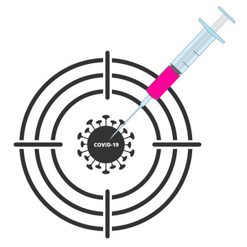 Covid-19 vacine. Vector illustration of coronavirus meadicine treatment. Stop covid-19 illustration isolated on white. Virus target and syringe for banner, icon, web, sticker, print design.