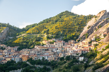 Obraz premium Panoramic view of Castelmezzano, tipical italian little village on appenini mountains, province of Potenza, in the Southern Italian region of Basilicata