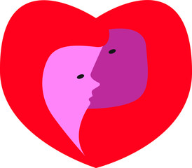 Merge of man and young woman in the shape of a heart vector illustration. Love abstraction red
