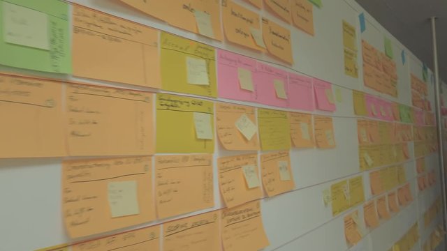 Post-It wall of Scrum master in an european office ungraded footage