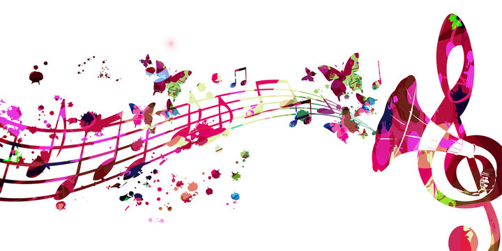 Colorful music promotional poster with music notes and gramphone horn isolated vector illustration. Artistic abstract background for live concert events, music show and festival, party flyer