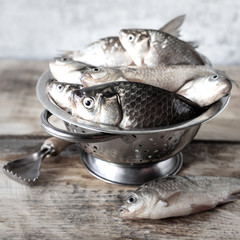 Fresh fish caught in the river on a wooden table. Square