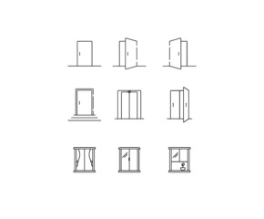 Doors, windows icon set. Enter, exit, closed, open, entrance, minimal vector illustrations. Minimal outline stroke icon set for websites. 
