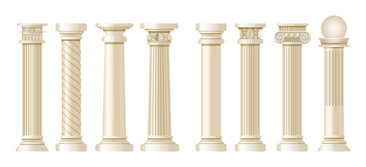 Realistic antique pillars set. Antique column, classic pillar. Ancient historic roman greek architecture isolated vector