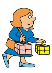 Woman with packages, funny vector illustration