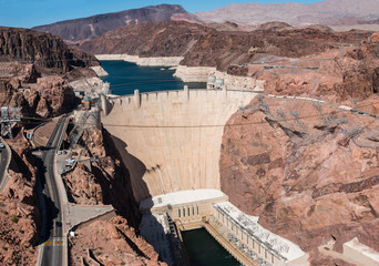 View of The Spillway and Power House Below, Hoover Dam, Nevada, USA