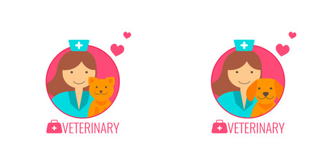 Set of vector icons for Veterinary medicine. Doctor with cat and dog.