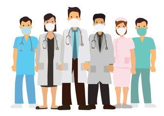 Set of doctors characters in medical uniform with face mask.