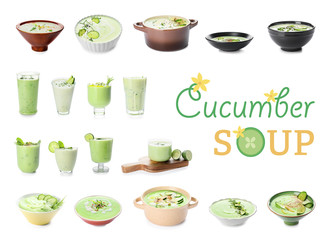 Set of cold cucumber soup on white background