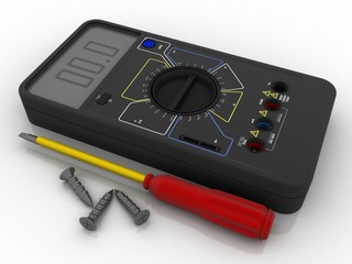 Fototapeta premium 3d illustration Digital electronics multi meter with screwdriver and screw