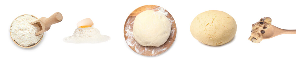 Collage with fresh dough and flour on white background