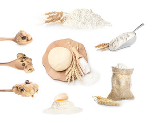 Collage with fresh dough and flour on white background