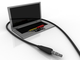 3d rendering screwdriver in laptop connected aux cable 
