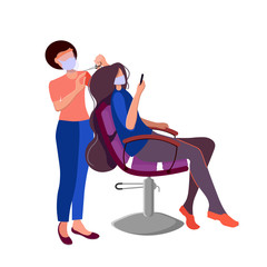 Beauty saloon. Opening after quarantine. Masked hairdresser and visitor.